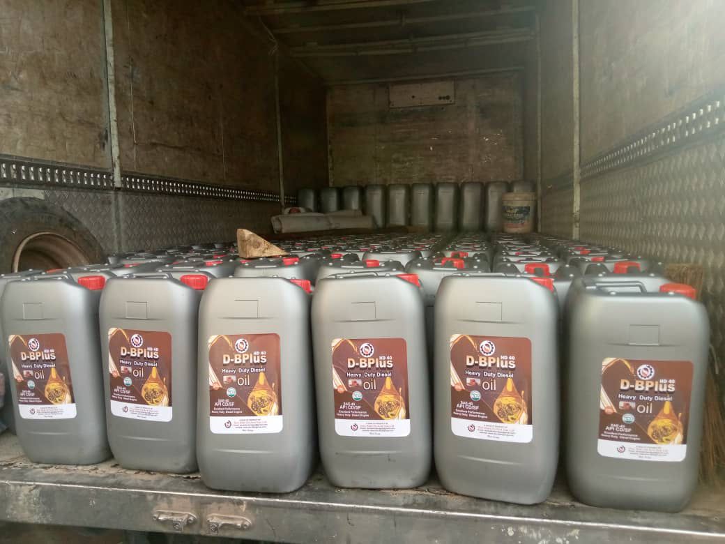 D-BPlus Heavy Duty Diesel Oil containers ready for distribution